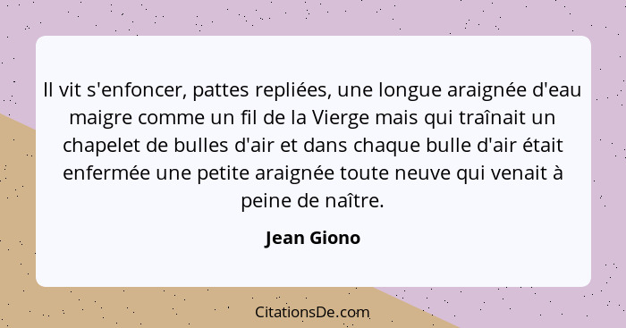 Il vit s'enfoncer, pattes repliées, une longue araignée d'eau maigre comme un fil de la Vierge mais qui traînait un chapelet de bulles d'... - Jean Giono