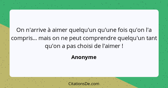 On n'arrive à aimer quelqu'un qu'une fois qu'on l'a compris... mais on ne peut comprendre quelqu'un tant qu'on a pas choisi de l'aimer ... - Anonyme