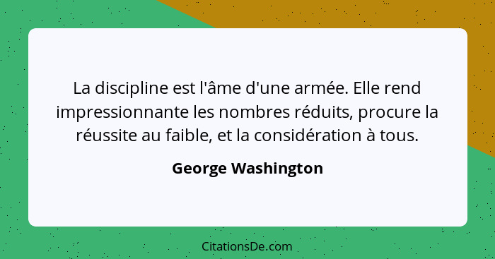 La discipline est l'âme d'une armée. Elle rend impressionnante les nombres réduits, procure la réussite au faible, et la considéra... - George Washington