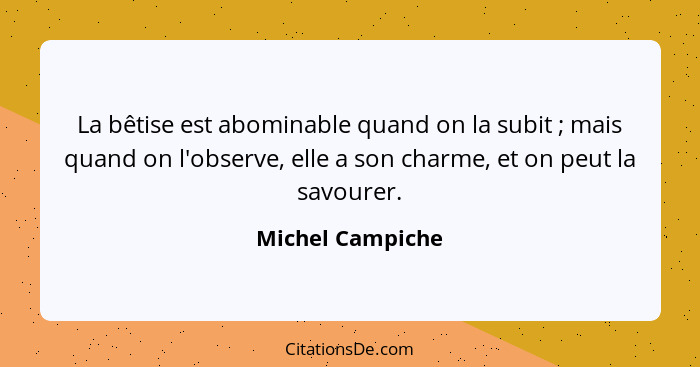 La bêtise est abominable quand on la subit ; mais quand on l'observe, elle a son charme, et on peut la savourer.... - Michel Campiche