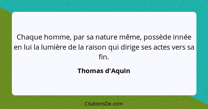 Chaque homme, par sa nature même, possède innée en lui la lumière de la raison qui dirige ses actes vers sa fin.... - Thomas d'Aquin