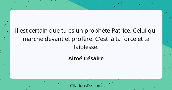 Il est certain que tu es un prophète Patrice. Celui qui marche devant et profère. C'est là ta force et ta faiblesse.... - Aimé Césaire