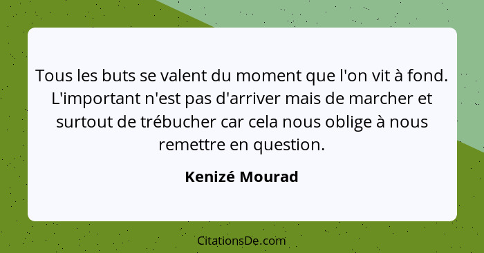 Tous les buts se valent du moment que l'on vit à fond. L'important n'est pas d'arriver mais de marcher et surtout de trébucher car cel... - Kenizé Mourad