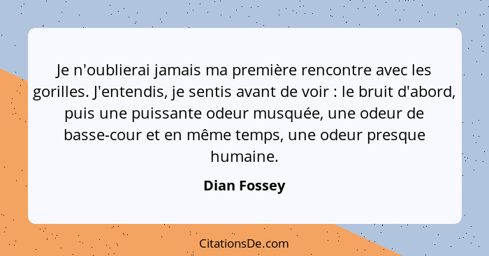 Je n'oublierai jamais ma première rencontre avec les gorilles. J'entendis, je sentis avant de voir : le bruit d'abord, puis une pui... - Dian Fossey