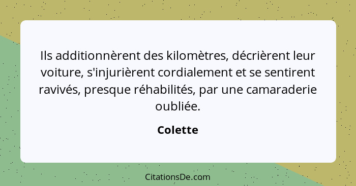 Ils additionnèrent des kilomètres, décrièrent leur voiture, s'injurièrent cordialement et se sentirent ravivés, presque réhabilités, par une... - Colette