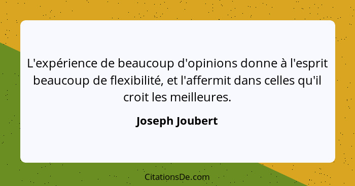L'expérience de beaucoup d'opinions donne à l'esprit beaucoup de flexibilité, et l'affermit dans celles qu'il croit les meilleures.... - Joseph Joubert
