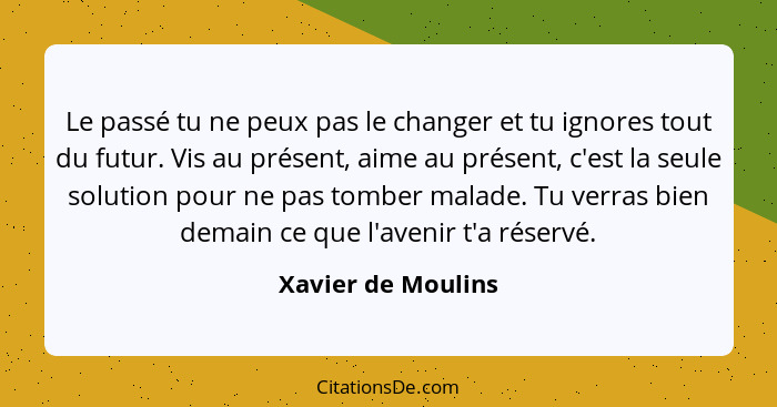 Le passé tu ne peux pas le changer et tu ignores tout du futur. Vis au présent, aime au présent, c'est la seule solution pour ne p... - Xavier de Moulins