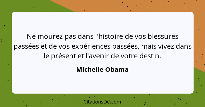 Ne mourez pas dans l'histoire de vos blessures passées et de vos expériences passées, mais vivez dans le présent et l'avenir de votre... - Michelle Obama