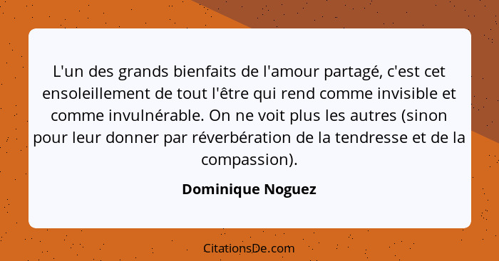 L'un des grands bienfaits de l'amour partagé, c'est cet ensoleillement de tout l'être qui rend comme invisible et comme invulnérabl... - Dominique Noguez