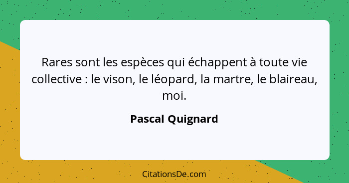 Rares sont les espèces qui échappent à toute vie collective : le vison, le léopard, la martre, le blaireau, moi.... - Pascal Quignard