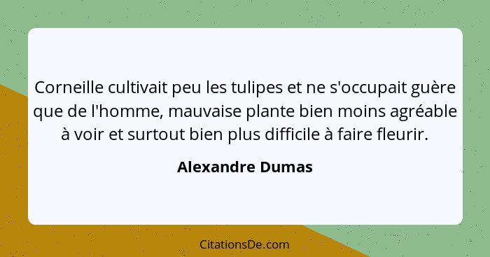 Corneille cultivait peu les tulipes et ne s'occupait guère que de l'homme, mauvaise plante bien moins agréable à voir et surtout bie... - Alexandre Dumas