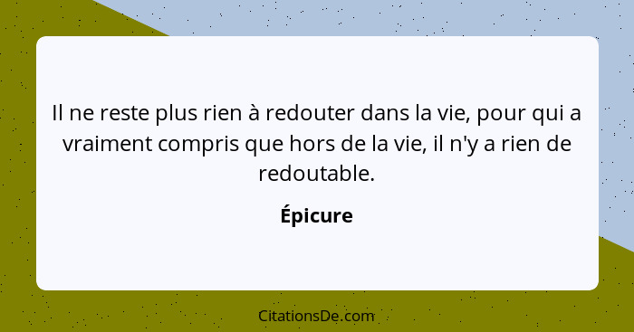 Il ne reste plus rien à redouter dans la vie, pour qui a vraiment compris que hors de la vie, il n'y a rien de redoutable.... - Épicure