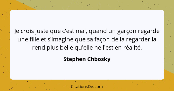 Je crois juste que c'est mal, quand un garçon regarde une fille et s'imagine que sa façon de la regarder la rend plus belle qu'elle... - Stephen Chbosky