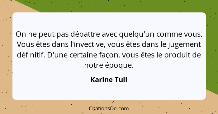 On ne peut pas débattre avec quelqu'un comme vous. Vous êtes dans l'invective, vous êtes dans le jugement définitif. D'une certaine faço... - Karine Tuil