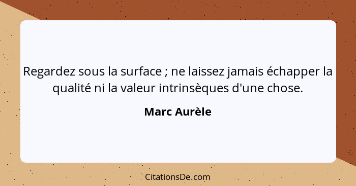 Regardez sous la surface ; ne laissez jamais échapper la qualité ni la valeur intrinsèques d'une chose.... - Marc Aurèle