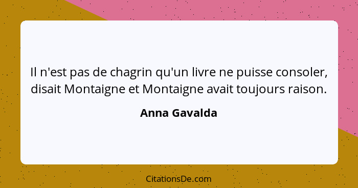 Il n'est pas de chagrin qu'un livre ne puisse consoler, disait Montaigne et Montaigne avait toujours raison.... - Anna Gavalda