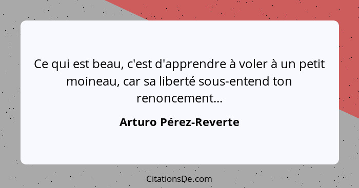 Ce qui est beau, c'est d'apprendre à voler à un petit moineau, car sa liberté sous-entend ton renoncement...... - Arturo Pérez-Reverte