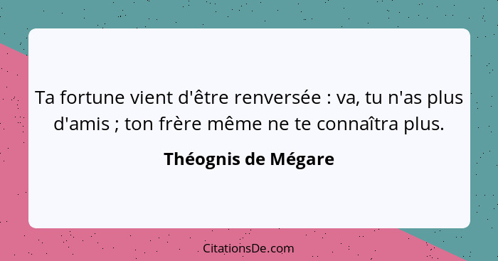 Ta fortune vient d'être renversée : va, tu n'as plus d'amis ; ton frère même ne te connaîtra plus.... - Théognis de Mégare