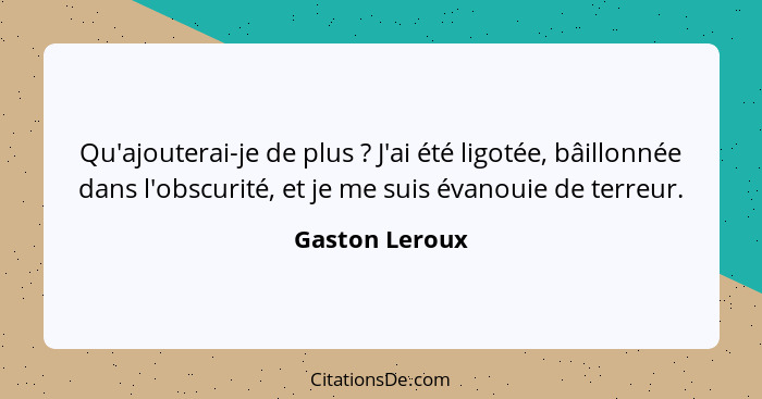 Qu'ajouterai-je de plus ? J'ai été ligotée, bâillonnée dans l'obscurité, et je me suis évanouie de terreur.... - Gaston Leroux