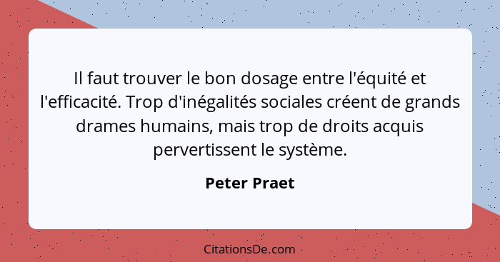 Il faut trouver le bon dosage entre l'équité et l'efficacité. Trop d'inégalités sociales créent de grands drames humains, mais trop de d... - Peter Praet