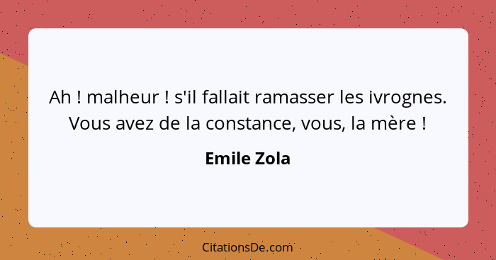 Ah ! malheur ! s'il fallait ramasser les ivrognes. Vous avez de la constance, vous, la mère !... - Emile Zola