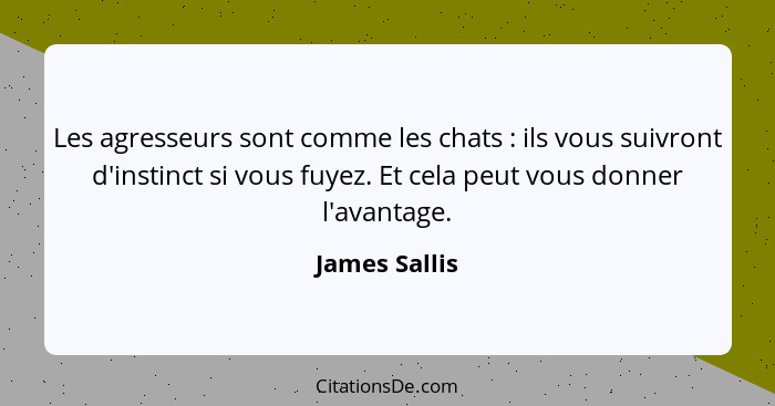 Les agresseurs sont comme les chats : ils vous suivront d'instinct si vous fuyez. Et cela peut vous donner l'avantage.... - James Sallis