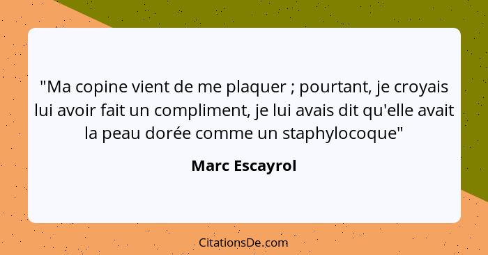 "Ma copine vient de me plaquer ; pourtant, je croyais lui avoir fait un compliment, je lui avais dit qu'elle avait la peau dorée... - Marc Escayrol