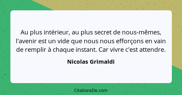 Au plus intérieur, au plus secret de nous-mêmes, l'avenir est un vide que nous nous efforçons en vain de remplir à chaque instant.... - Nicolas Grimaldi