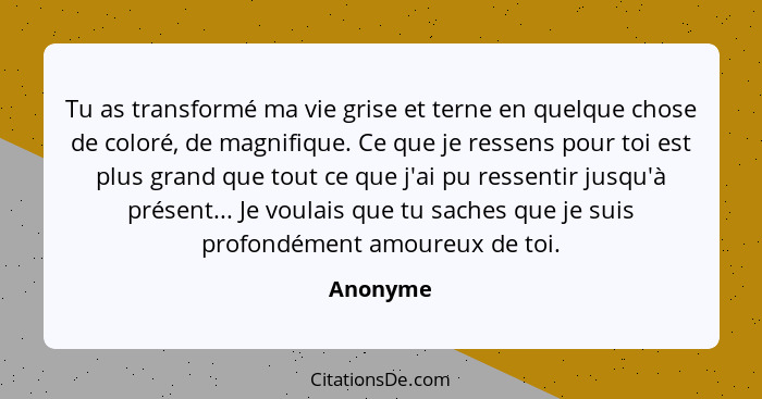 Tu as transformé ma vie grise et terne en quelque chose de coloré, de magnifique. Ce que je ressens pour toi est plus grand que tout ce que... - Anonyme