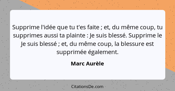 Supprime l'idée que tu t'es faite ; et, du même coup, tu supprimes aussi ta plainte : Je suis blessé. Supprime le Je suis bles... - Marc Aurèle