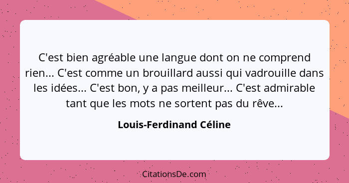 C'est bien agréable une langue dont on ne comprend rien... C'est comme un brouillard aussi qui vadrouille dans les idées... C... - Louis-Ferdinand Céline