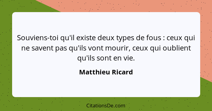 Souviens-toi qu'il existe deux types de fous : ceux qui ne savent pas qu'ils vont mourir, ceux qui oublient qu'ils sont en vie.... - Matthieu Ricard