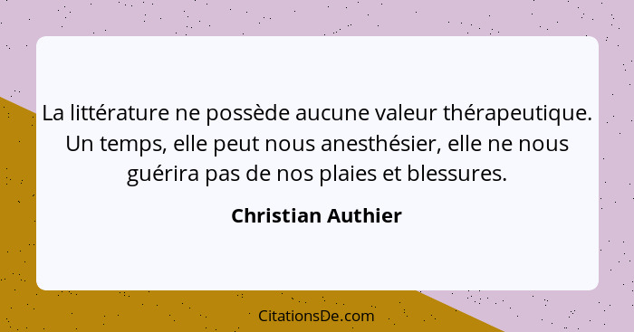 La littérature ne possède aucune valeur thérapeutique. Un temps, elle peut nous anesthésier, elle ne nous guérira pas de nos plaie... - Christian Authier
