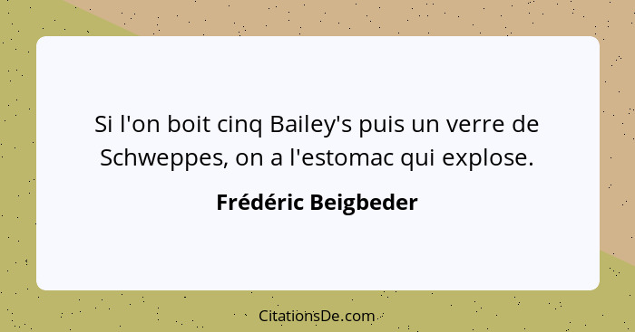 Si l'on boit cinq Bailey's puis un verre de Schweppes, on a l'estomac qui explose.... - Frédéric Beigbeder