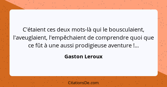 C'étaient ces deux mots-là qui le bousculaient, l'aveuglaient, l'empêchaient de comprendre quoi que ce fût à une aussi prodigieuse ave... - Gaston Leroux