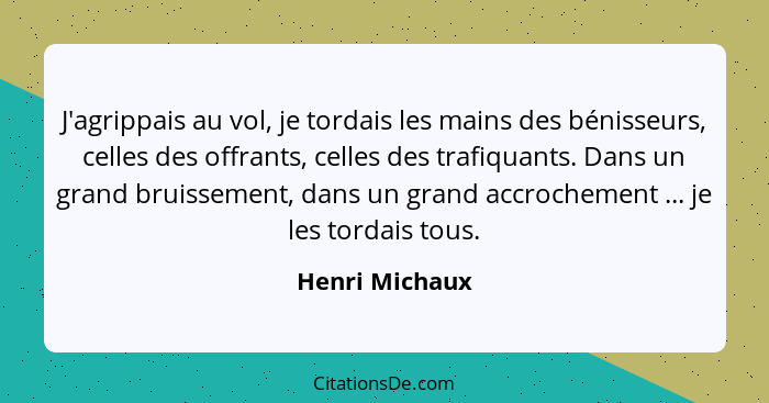 J'agrippais au vol, je tordais les mains des bénisseurs, celles des offrants, celles des trafiquants. Dans un grand bruissement, dans... - Henri Michaux