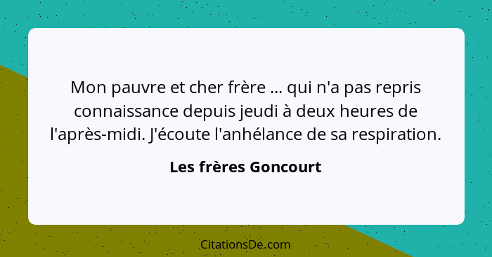 Mon pauvre et cher frère ... qui n'a pas repris connaissance depuis jeudi à deux heures de l'après-midi. J'écoute l'anhélance de... - Les frères Goncourt