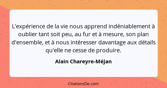 L'expérience de la vie nous apprend indéniablement à oublier tant soit peu, au fur et à mesure, son plan d'ensemble, et à nous... - Alain Chareyre-Méjan