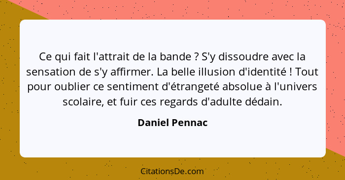 Ce qui fait l'attrait de la bande ? S'y dissoudre avec la sensation de s'y affirmer. La belle illusion d'identité ! Tout pou... - Daniel Pennac