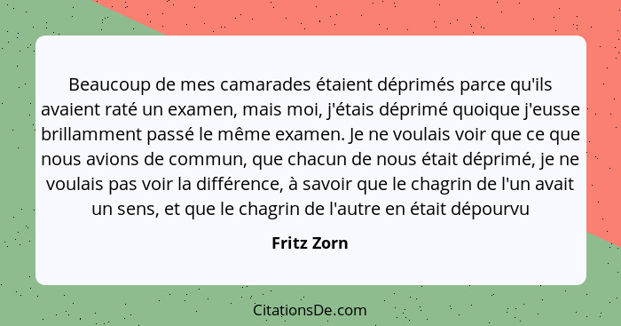 Beaucoup de mes camarades étaient déprimés parce qu'ils avaient raté un examen, mais moi, j'étais déprimé quoique j'eusse brillamment pas... - Fritz Zorn