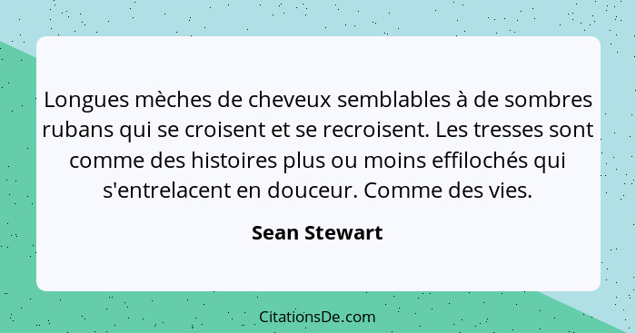 Longues mèches de cheveux semblables à de sombres rubans qui se croisent et se recroisent. Les tresses sont comme des histoires plus ou... - Sean Stewart