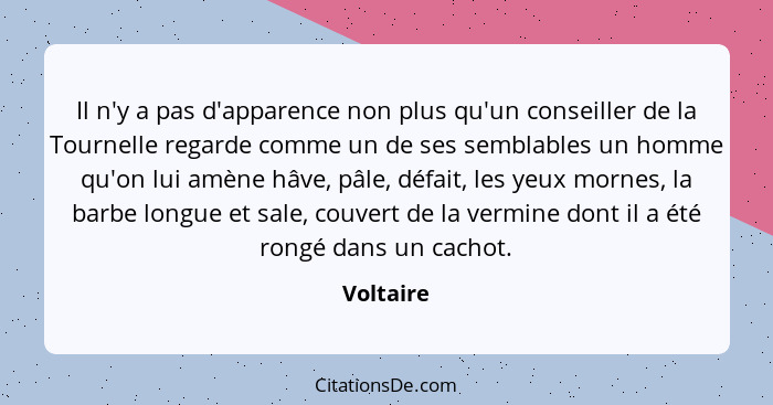 Il n'y a pas d'apparence non plus qu'un conseiller de la Tournelle regarde comme un de ses semblables un homme qu'on lui amène hâve, pâle,... - Voltaire