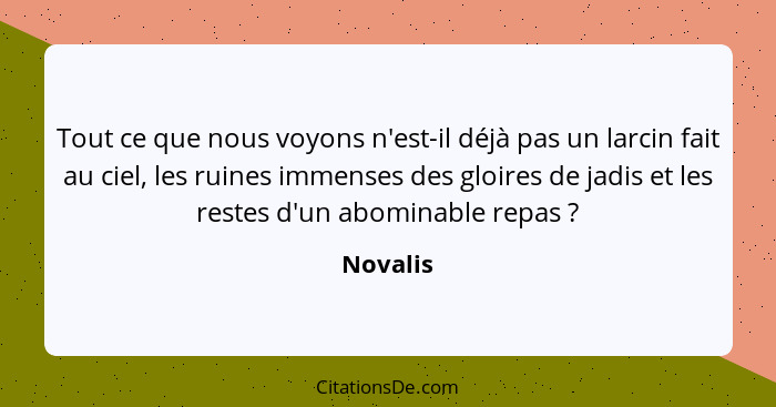 Tout ce que nous voyons n'est-il déjà pas un larcin fait au ciel, les ruines immenses des gloires de jadis et les restes d'un abominable rep... - Novalis