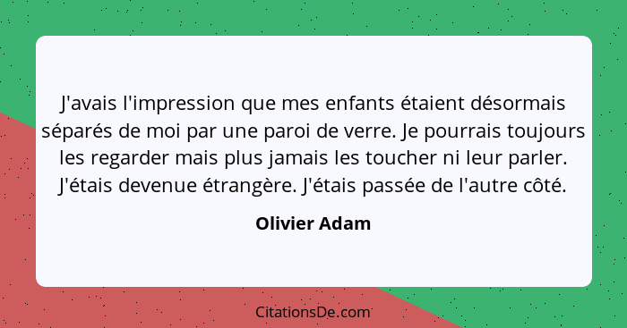 J'avais l'impression que mes enfants étaient désormais séparés de moi par une paroi de verre. Je pourrais toujours les regarder mais pl... - Olivier Adam