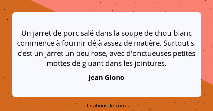 Un jarret de porc salé dans la soupe de chou blanc commence à fournir déjà assez de matière. Surtout si c'est un jarret un peu rose, avec... - Jean Giono