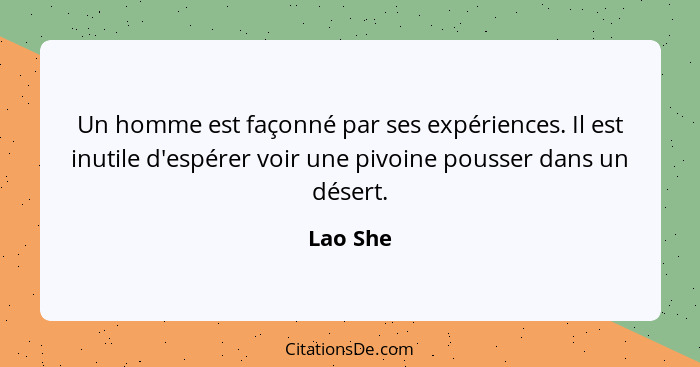 Un homme est façonné par ses expériences. Il est inutile d'espérer voir une pivoine pousser dans un désert.... - Lao She