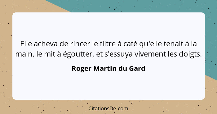 Elle acheva de rincer le filtre à café qu'elle tenait à la main, le mit à égoutter, et s'essuya vivement les doigts.... - Roger Martin du Gard