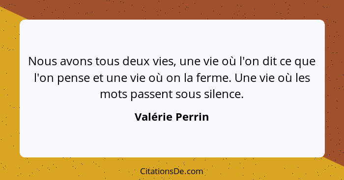 Nous avons tous deux vies, une vie où l'on dit ce que l'on pense et une vie où on la ferme. Une vie où les mots passent sous silence.... - Valérie Perrin