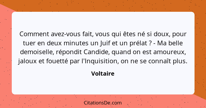 Comment avez-vous fait, vous qui êtes né si doux, pour tuer en deux minutes un Juif et un prélat ? - Ma belle demoiselle, répondit Can... - Voltaire