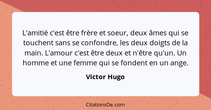 L'amitié c'est être frère et soeur, deux âmes qui se touchent sans se confondre, les deux doigts de la main. L'amour c'est être deux et... - Victor Hugo